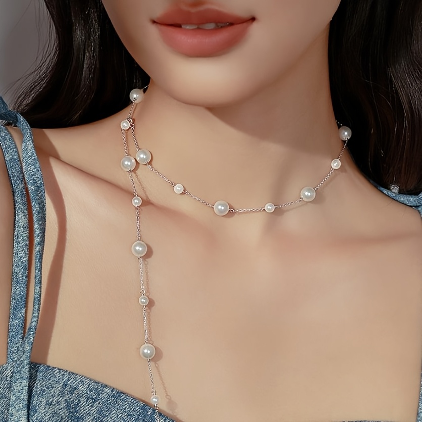 Women's Luxurious Long Imitation Pearl Necklace, Elegant Design